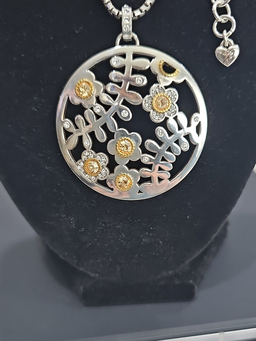 Brighton Silver Round Floral Pendant Necklace with Gold Accents